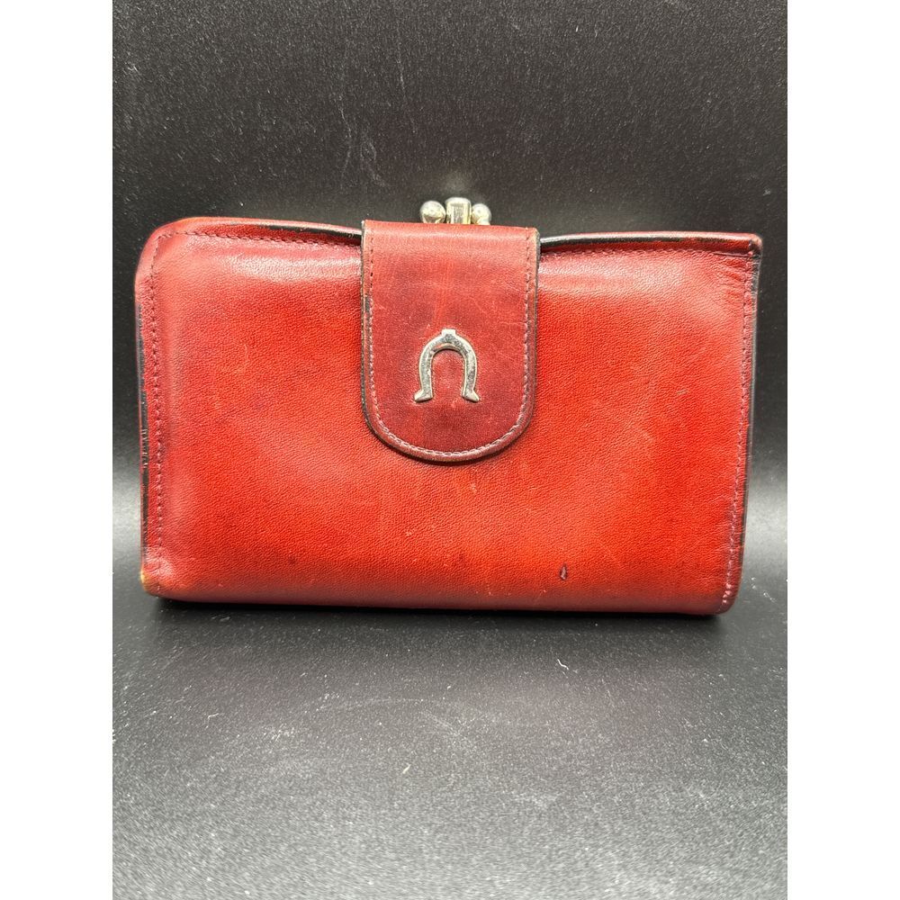 VTG Ladies Leather Bi-fold w/Double Kisslock Closure Gold Horse Stirrup …